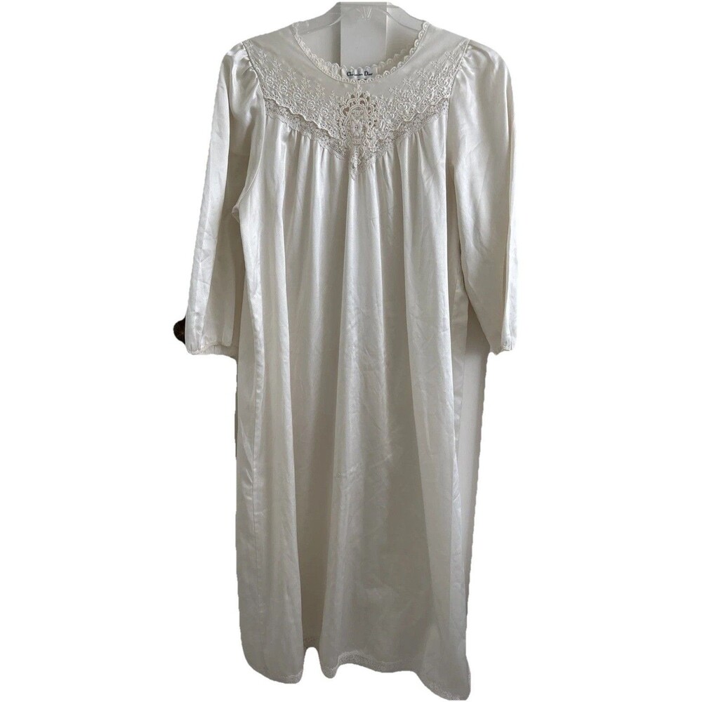 Christian Dior VTG Nightgown Modest Ivory Lace Satin Flocked Long Sz Med